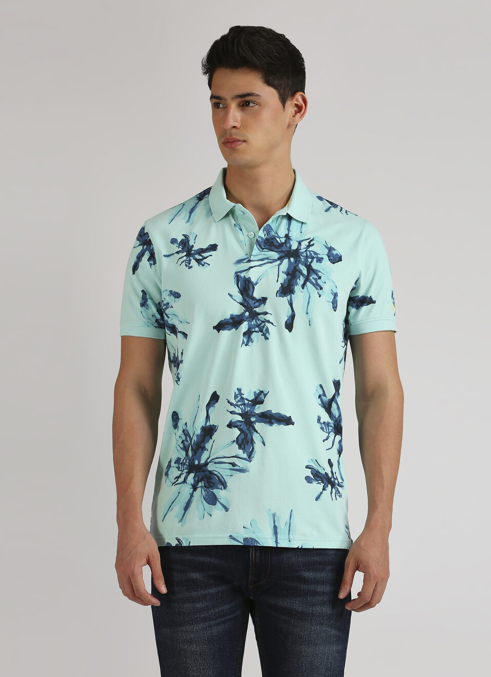 Green  Floral Print Short Sleeve Stretch Polo, , large image number 1