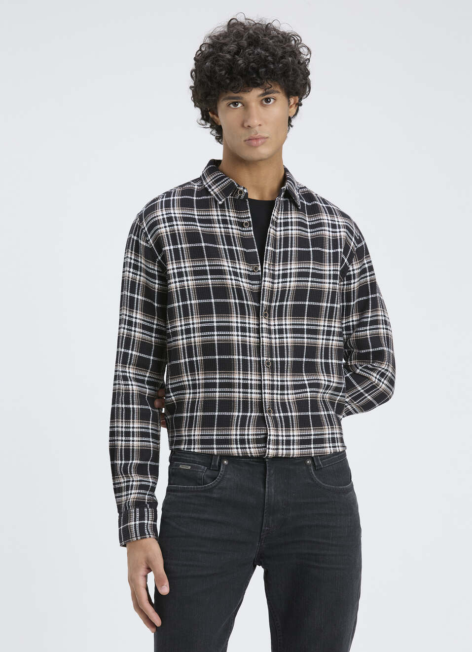 Men Black & White Flannel Check Full Sleeve Shirt, , large image number 0