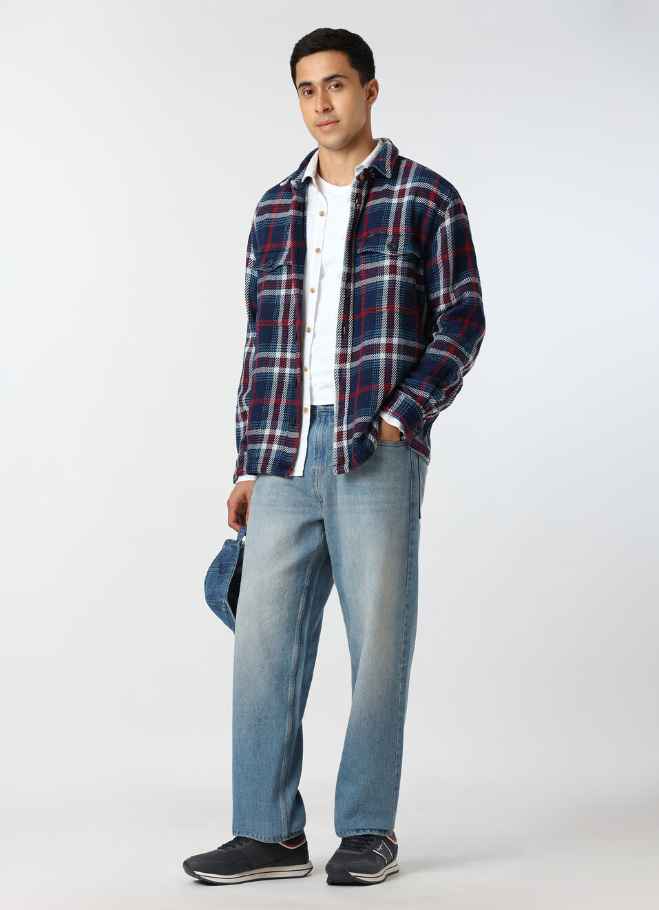 Men Indigo Blue Oversized Checked Shacket, , large image number 5