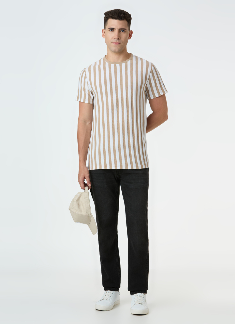 Men Beige & White Vertical Stripe T-shirt, , large image number 5