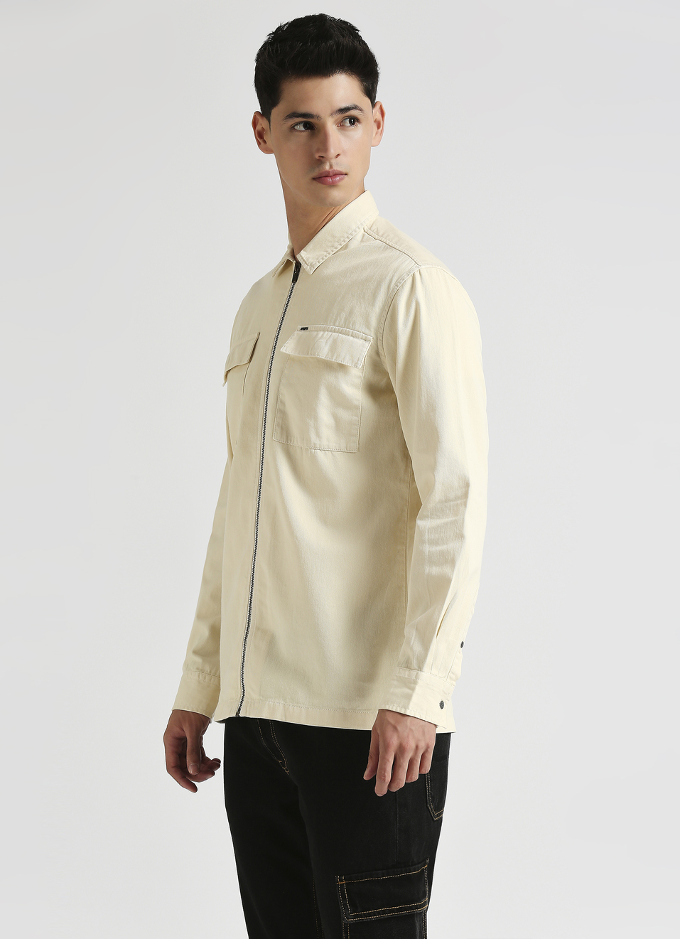 Off White Cargo Pockets Zipper Detail Long Sleeve Shirt, , large image number 3