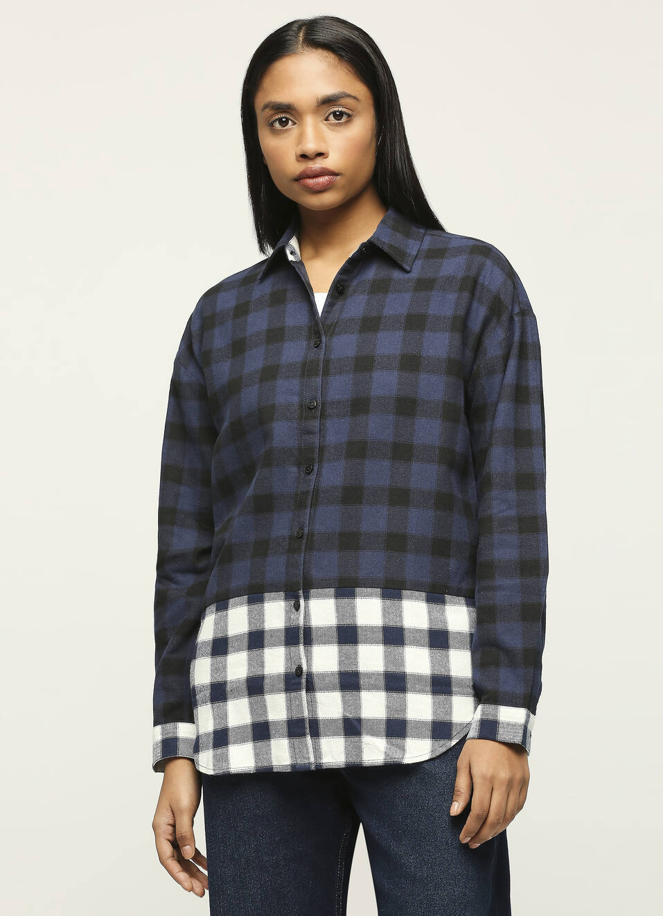 Navy Checks Colour Block Long Sleeve Shirt, , large image number 1