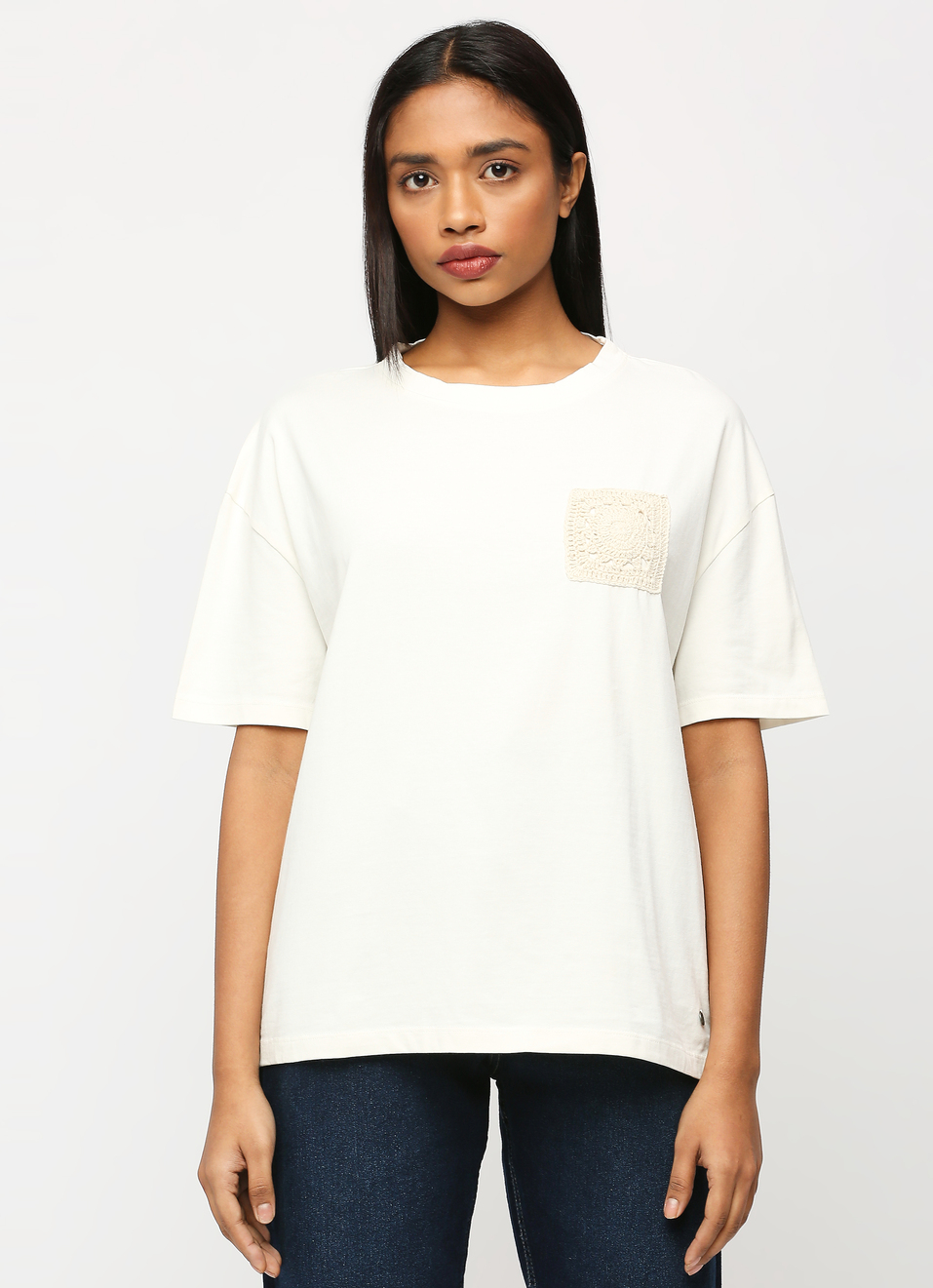White Crochet Pocket Oversized Short Sleeve T-shirt, , large image number 1