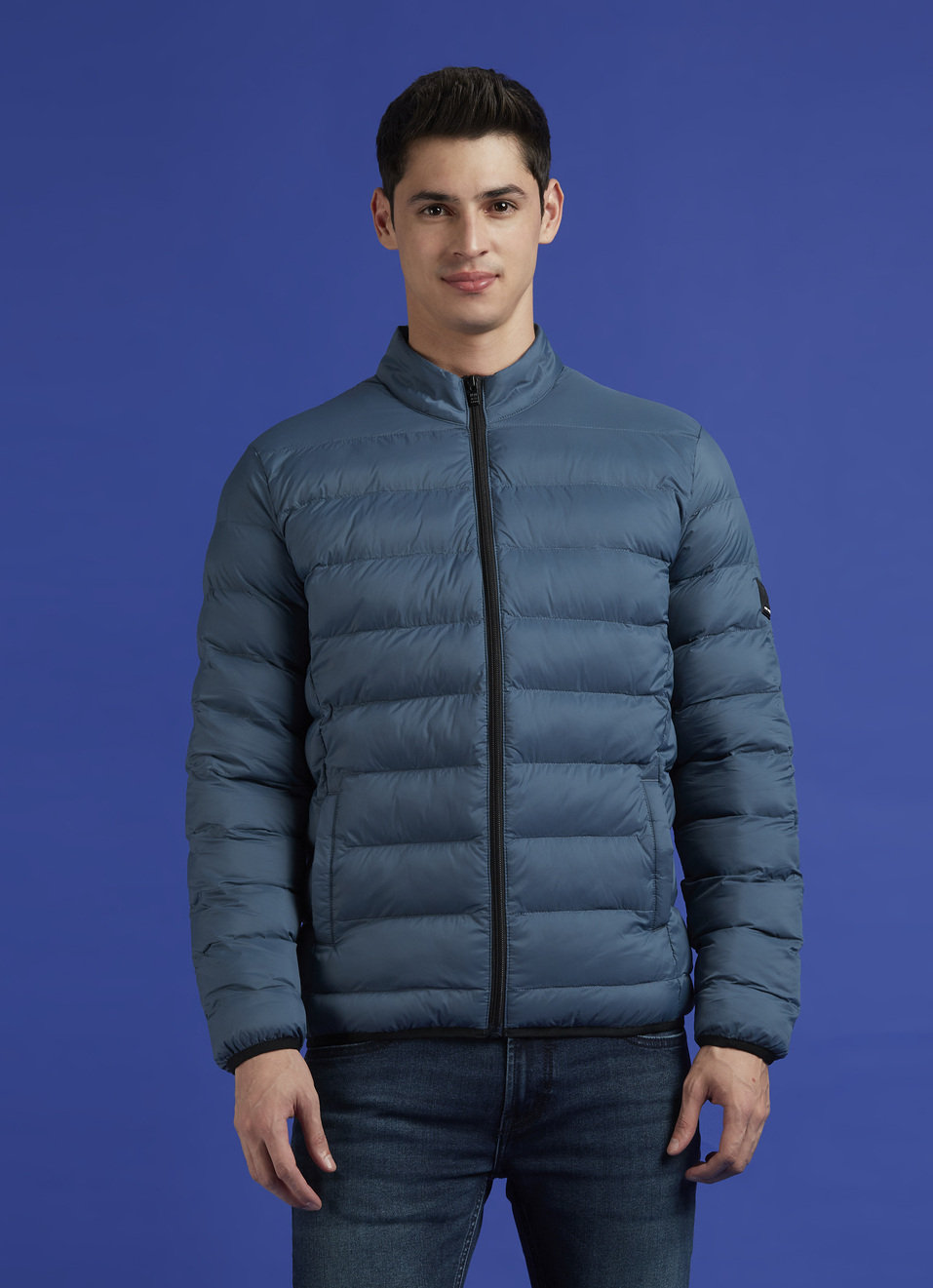 Teal Blue Solid Full Sleeve Puffer Jacket, , large image number 1