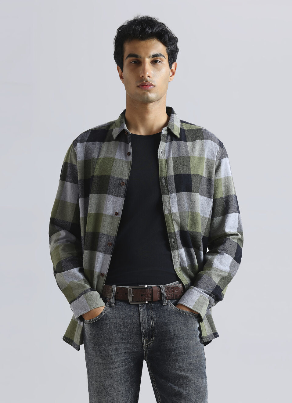Olive Checked Full Sleeve Shirt, , large image number 0