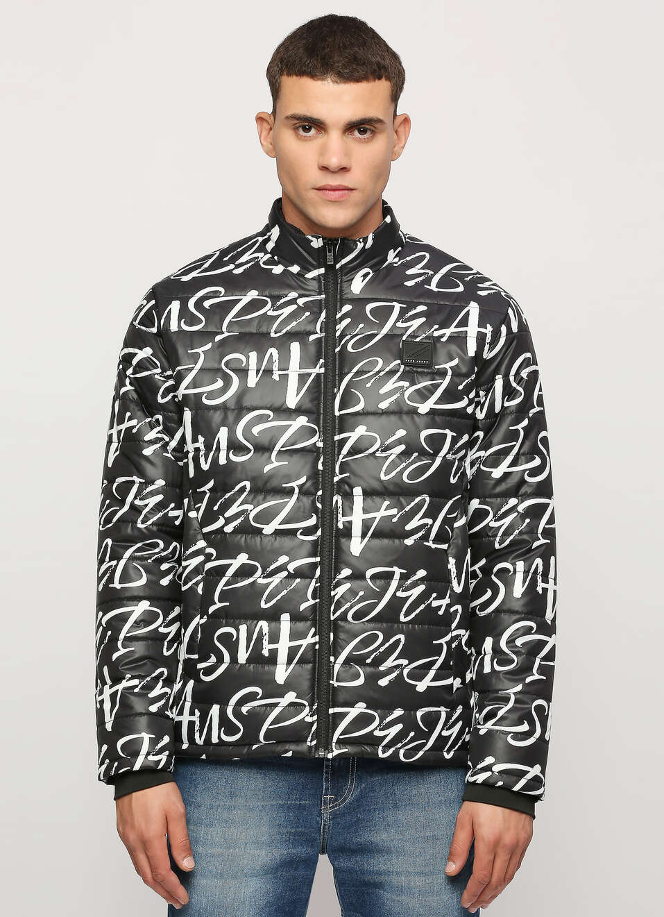 Black Typographic Printed Puffer Jacket, , large image number 1