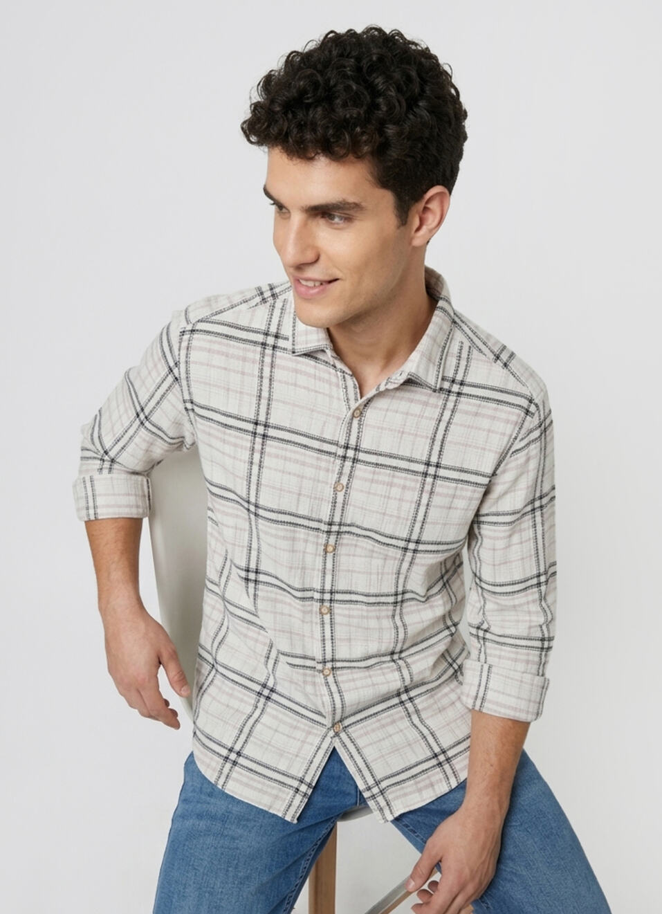 Men Beige Checked Dobby Long Sleeve Shirt, , large image number 0