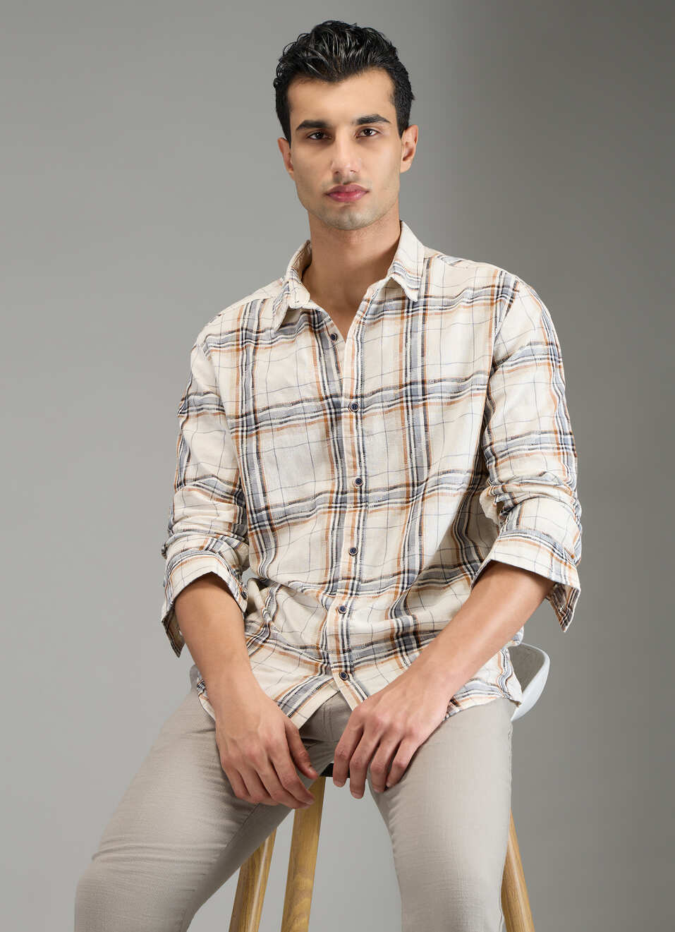 Men Off White Checked Shirt, , large image number 0