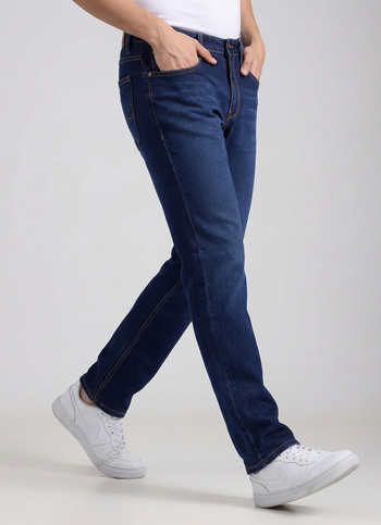 Men Dark Blue Mid Rise Straight Fit Strechable Jeans