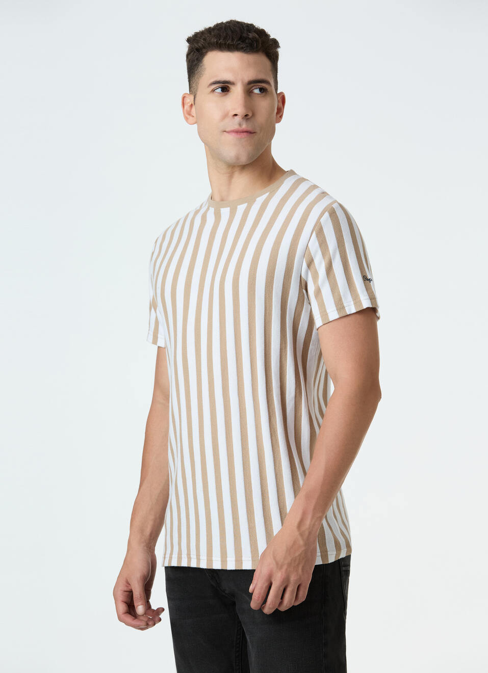 Men Beige Striped Slim Fit T-shirt, , large image number 3