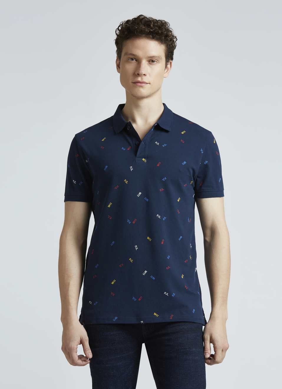 Blue Typographic Print Short Sleeve Polo, , large image number 1