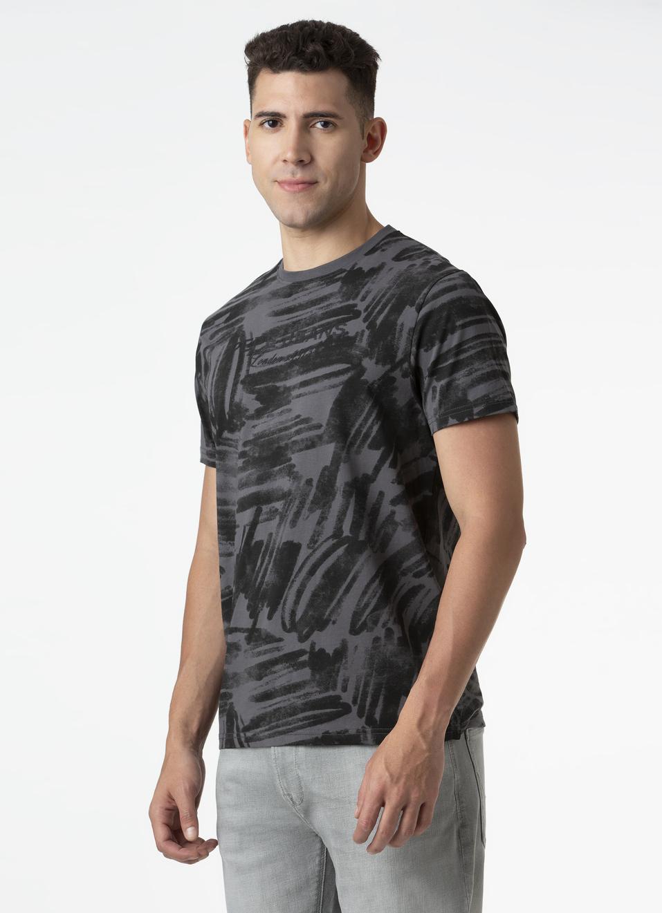 Men Grey Brushstroke Print Short Sleeve T-shirt, , large image number 3