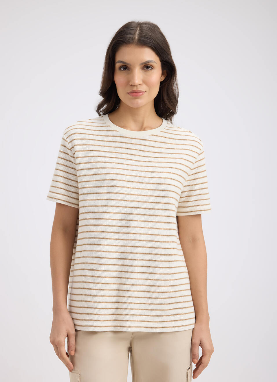 Women Beige Stripe Short Sleeve T-shirt, , large image number 1