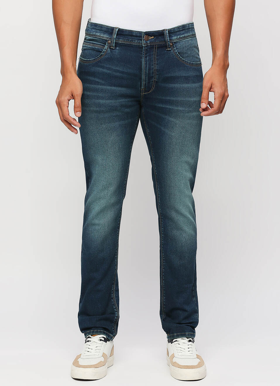 Vapour Dark Blue Mid Rise Tapered Jeans, , large image number 6