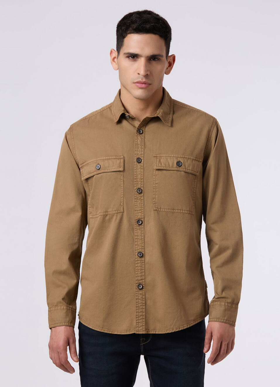 Men Khaki Flap Utility Pockets Casual Shirt, , large image number 1