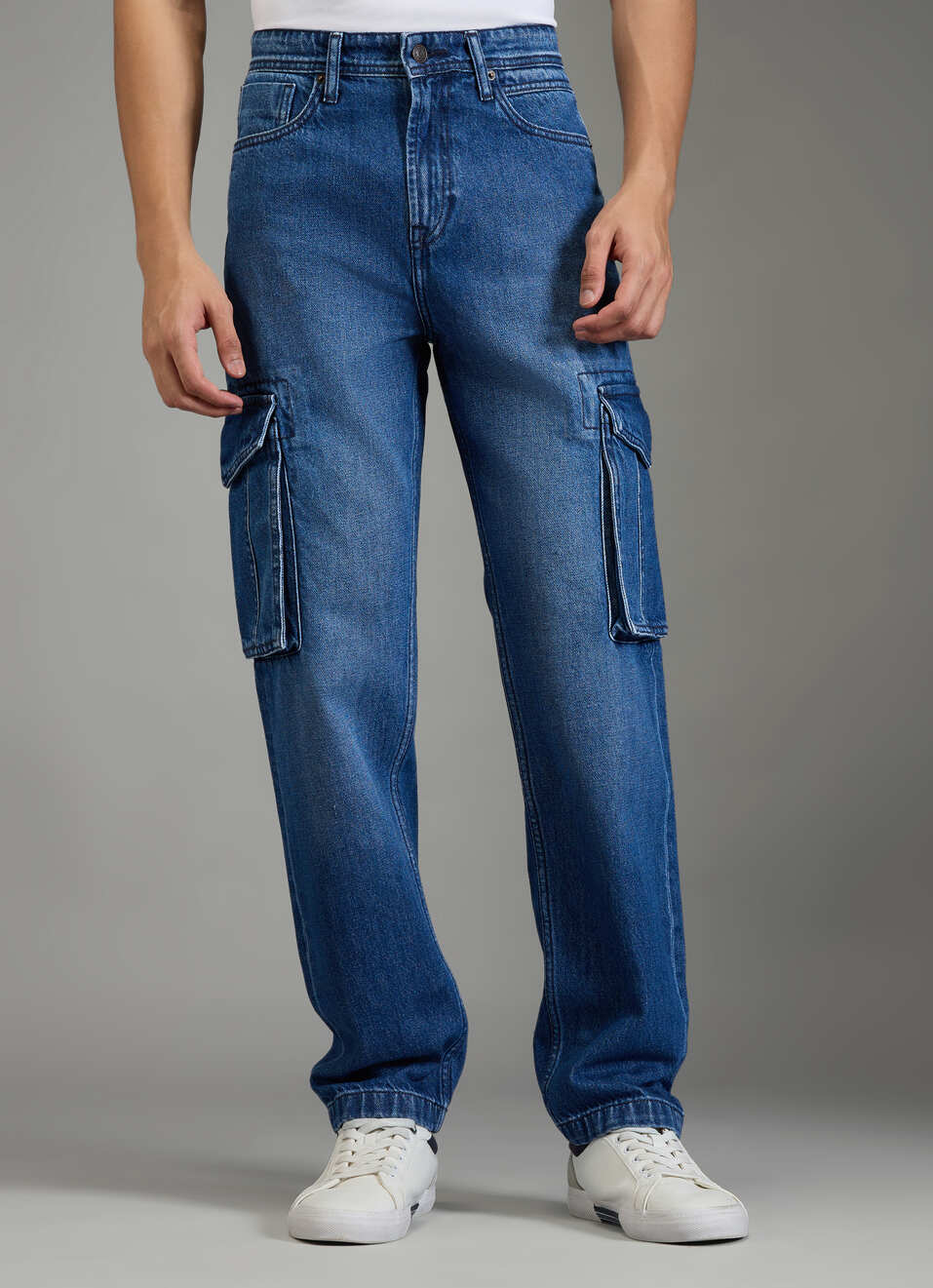 Men Blue Medium Dark Used Straight Fit Mid Rise Cargo Jeans, , large image number 2