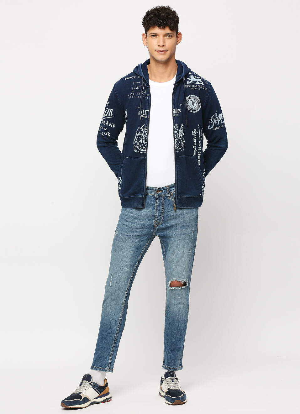 Indigo Zip Thru Printed Hooded Sweatshirt, , large image number 6