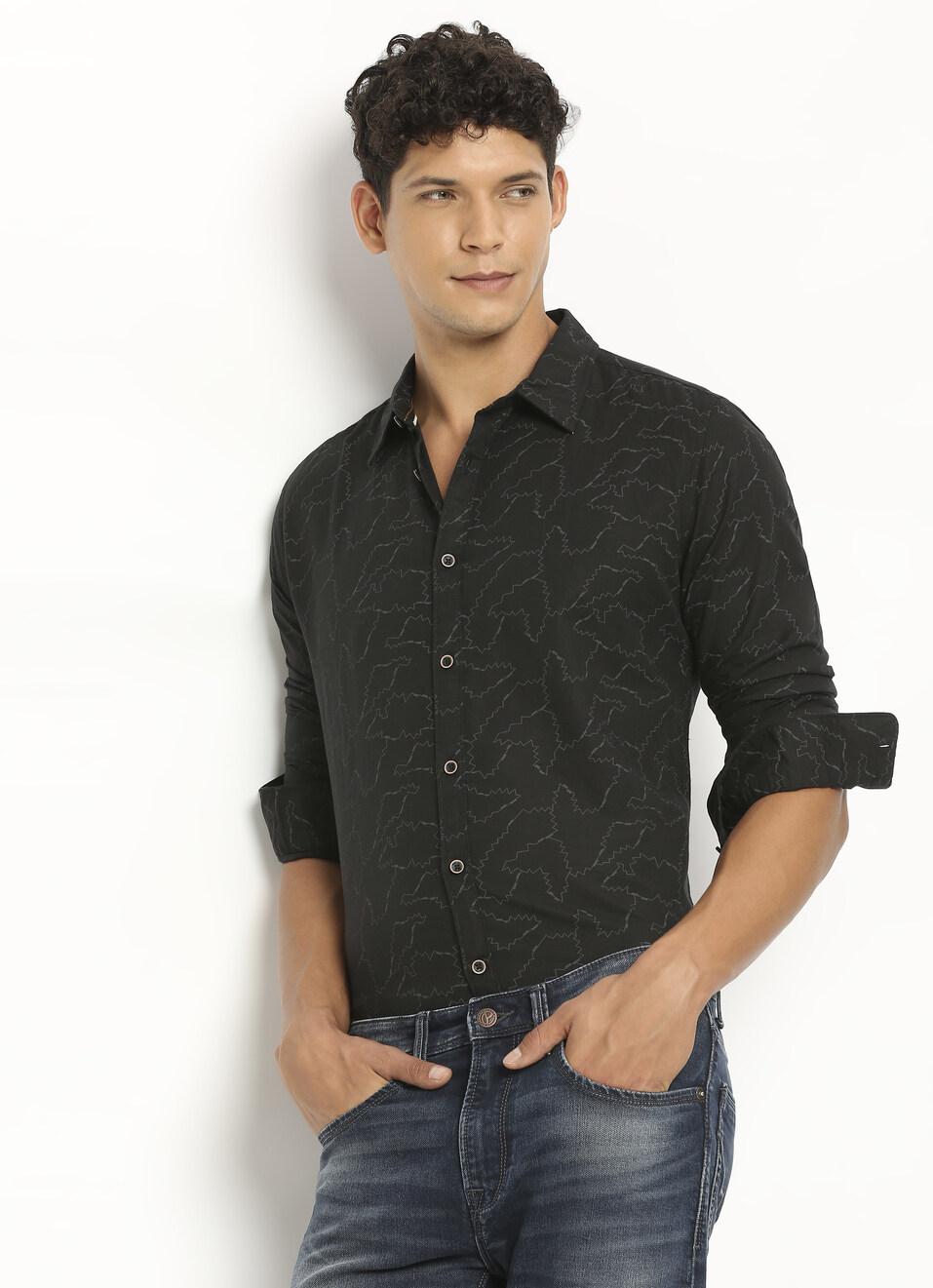 Black Printed Long Sleeve Shirt, , large image number 0