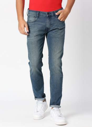 TAPERED VAPOUR Low Rise Jeans, Med Blue Denim