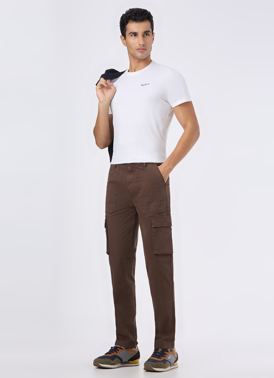 Men  Brown Overdyed Mid Rise Utility Stretch Cargo Pants, , large image number 1