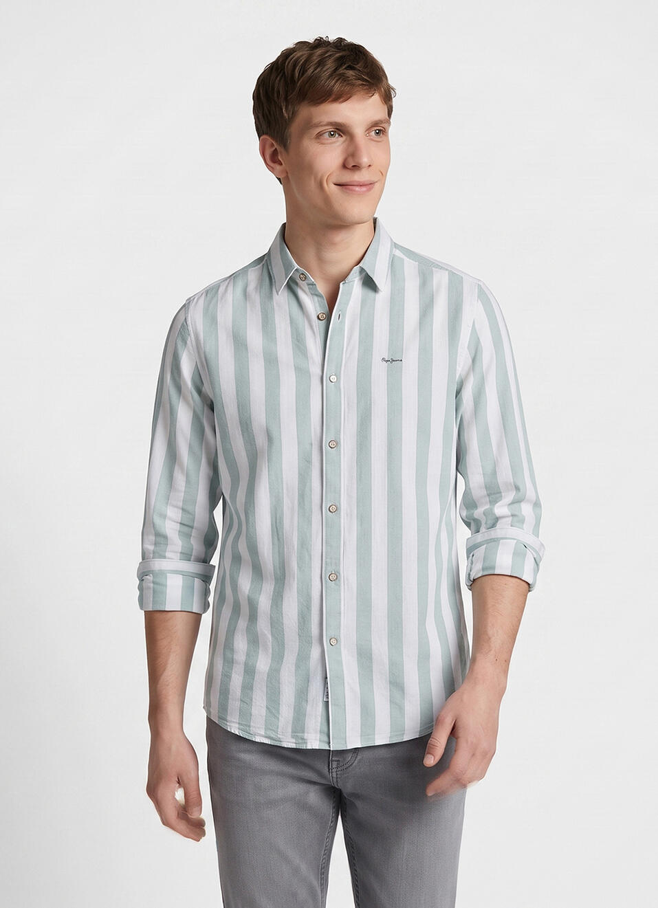 Men Green Striped Dobby Long Sleeve Shirt, , large image number 1