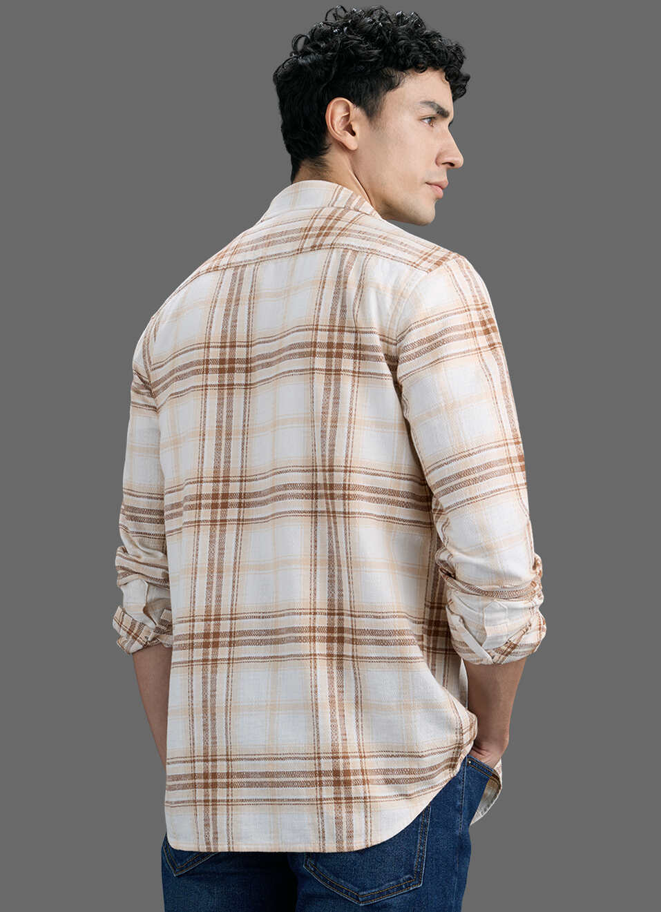 Men Beige Checked Dobby Long Sleeve Shirt, , large image number 6