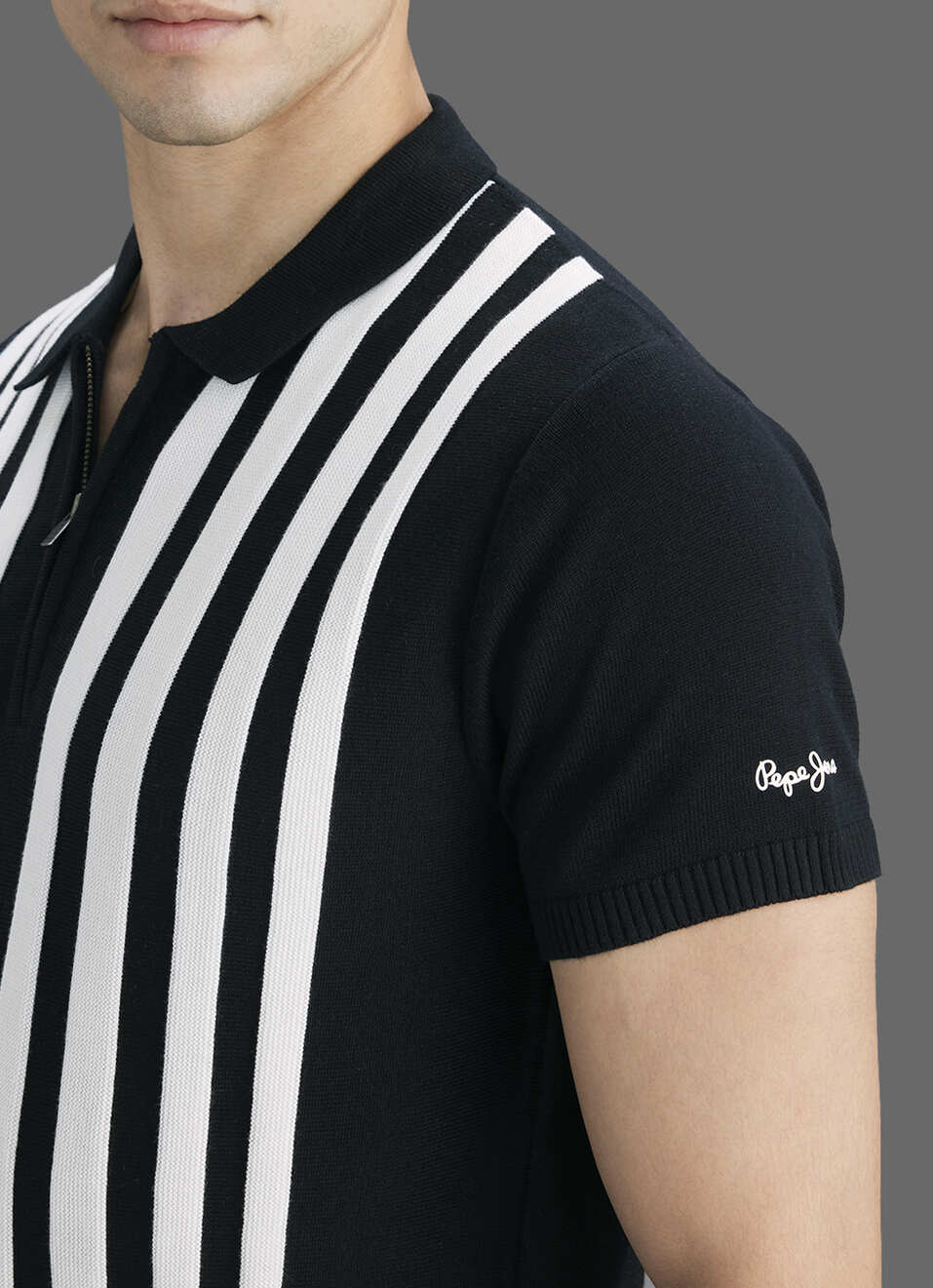 Men Black Striped Flat Knit Polo Collar T-shirt, , large image number 1
