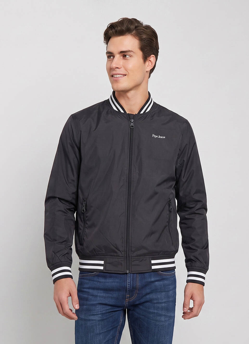 Men Black Solid Baseball Collar Long Sleeve Jacket, , large image number 1