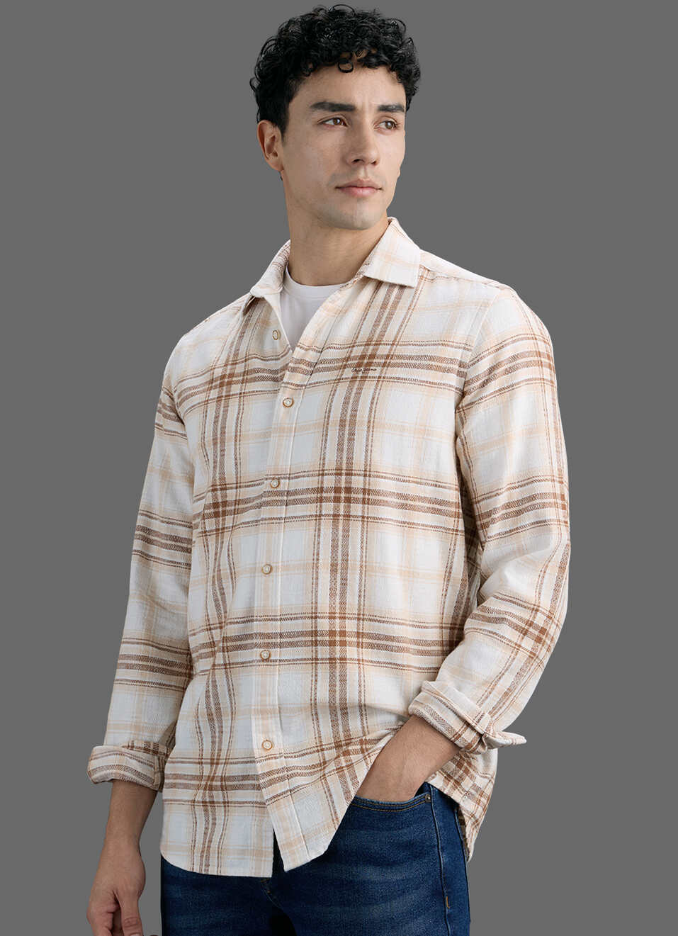 Men Beige Checked Dobby Long Sleeve Shirt, , large image number 5