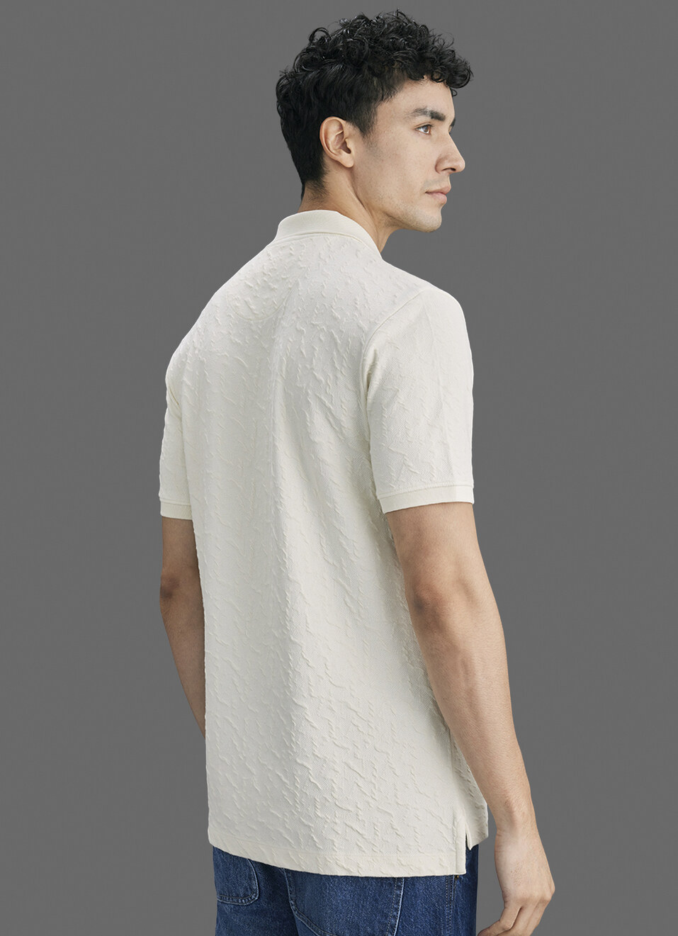 Men Ivory Jacquard Polo Collar T-shirt, , large image number 6