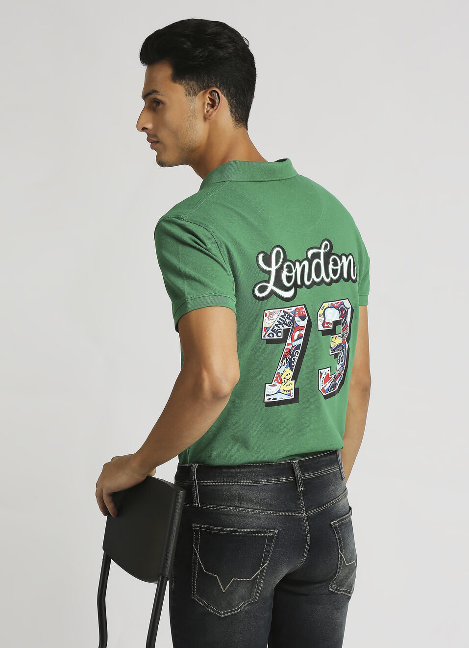 Green Back Print Trendy Short Sleeve Pique Polo, , large image number 0