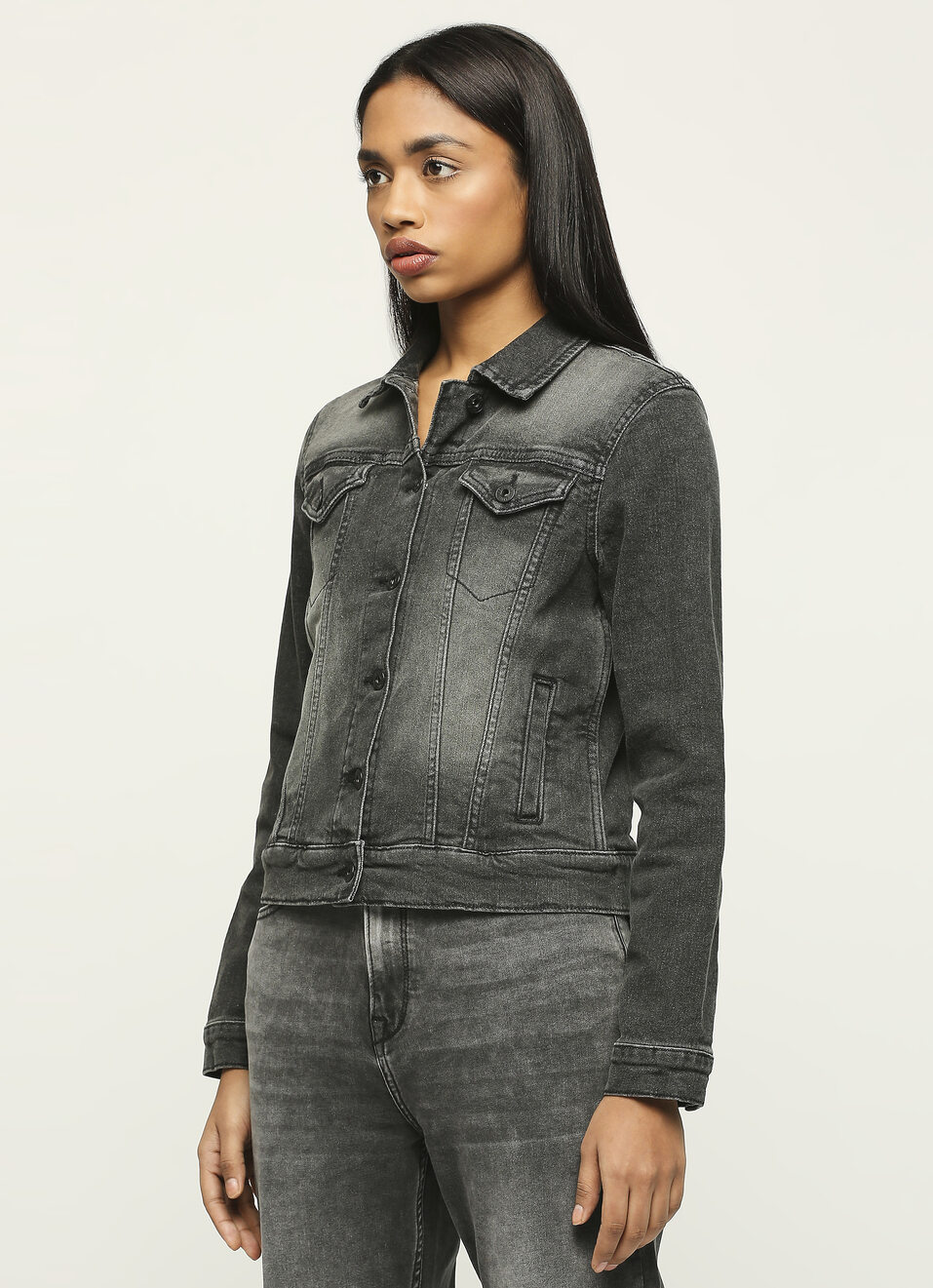 Black Front Pocket Trucker Denim Jacket, , large image number 3