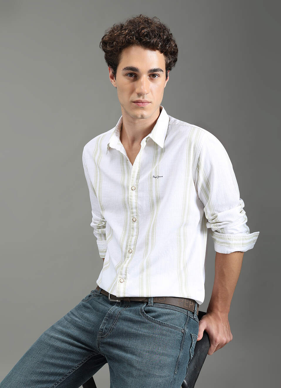 Men Green Striped Shirt, , large image number 0