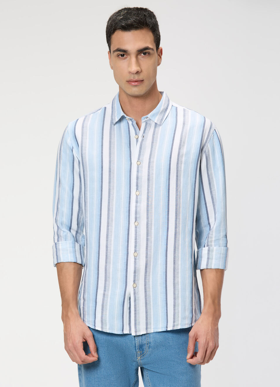 Men Blue Vertical Stripe Full Sleeve Shirt, , large image number 1