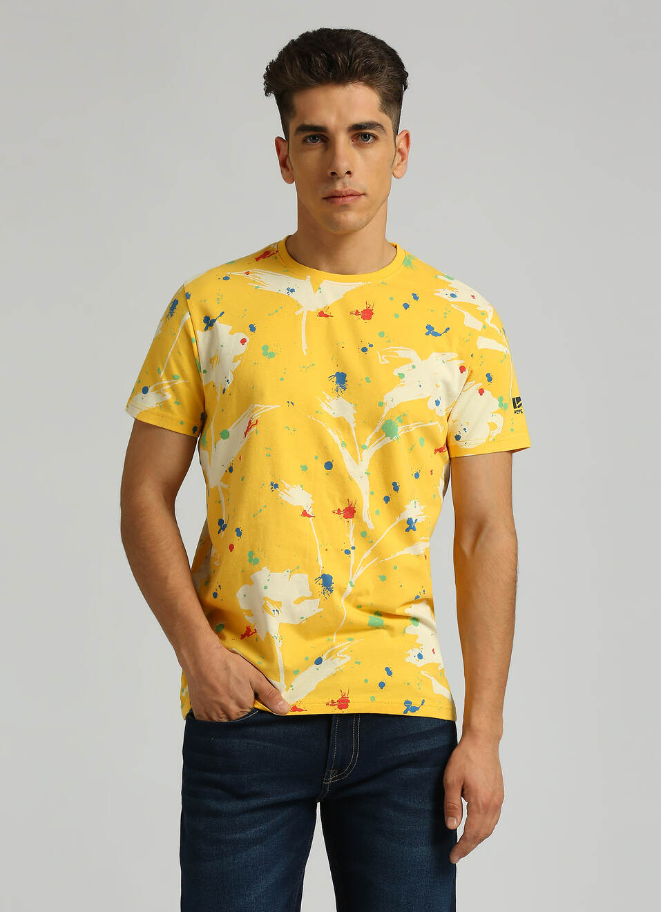Yellow Abstract Print Short Sleeve T-shirt, , large image number 0