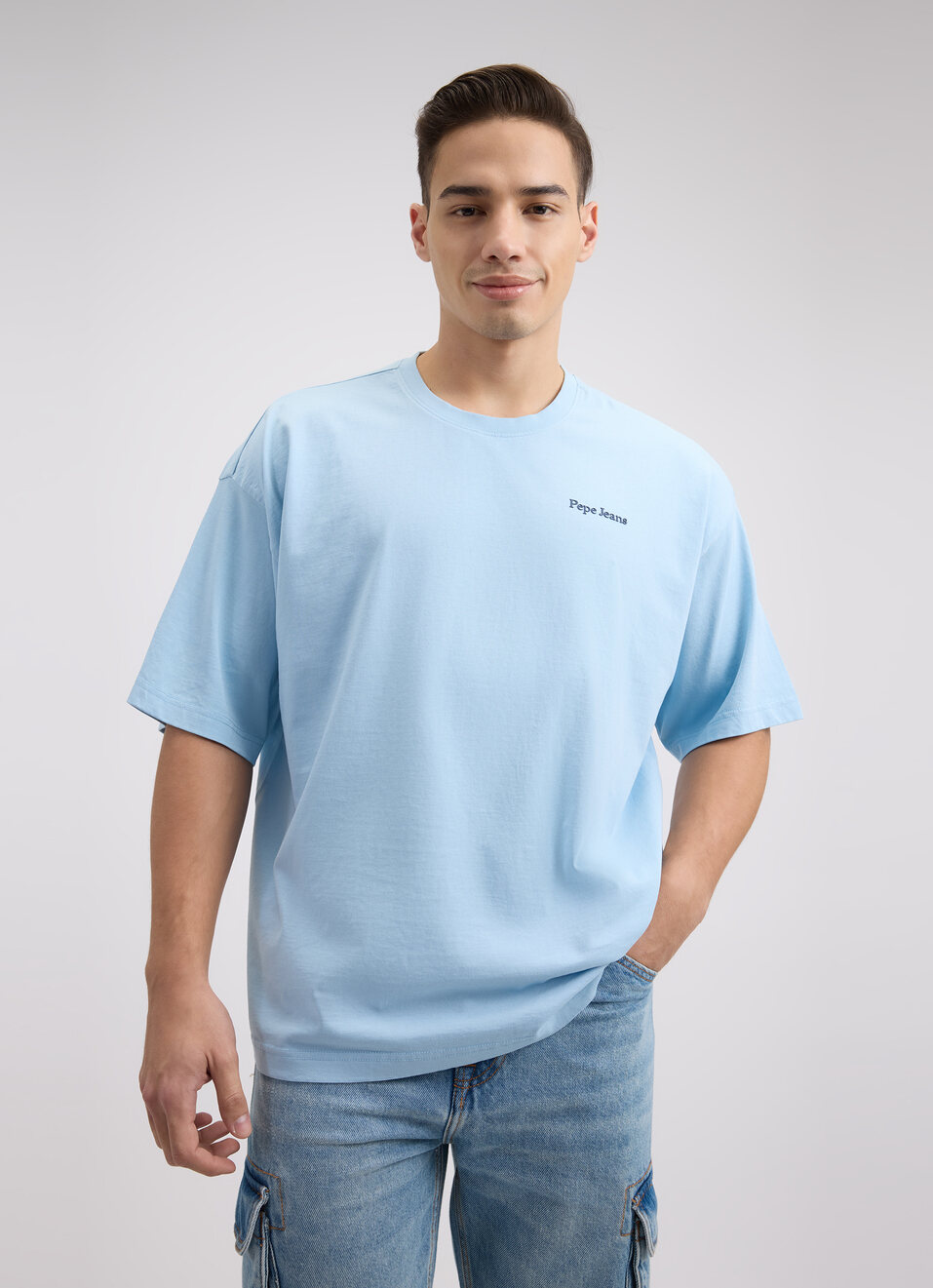 Men Blue Back Print Short Sleeve Oversized T-shirt, , large image number 1