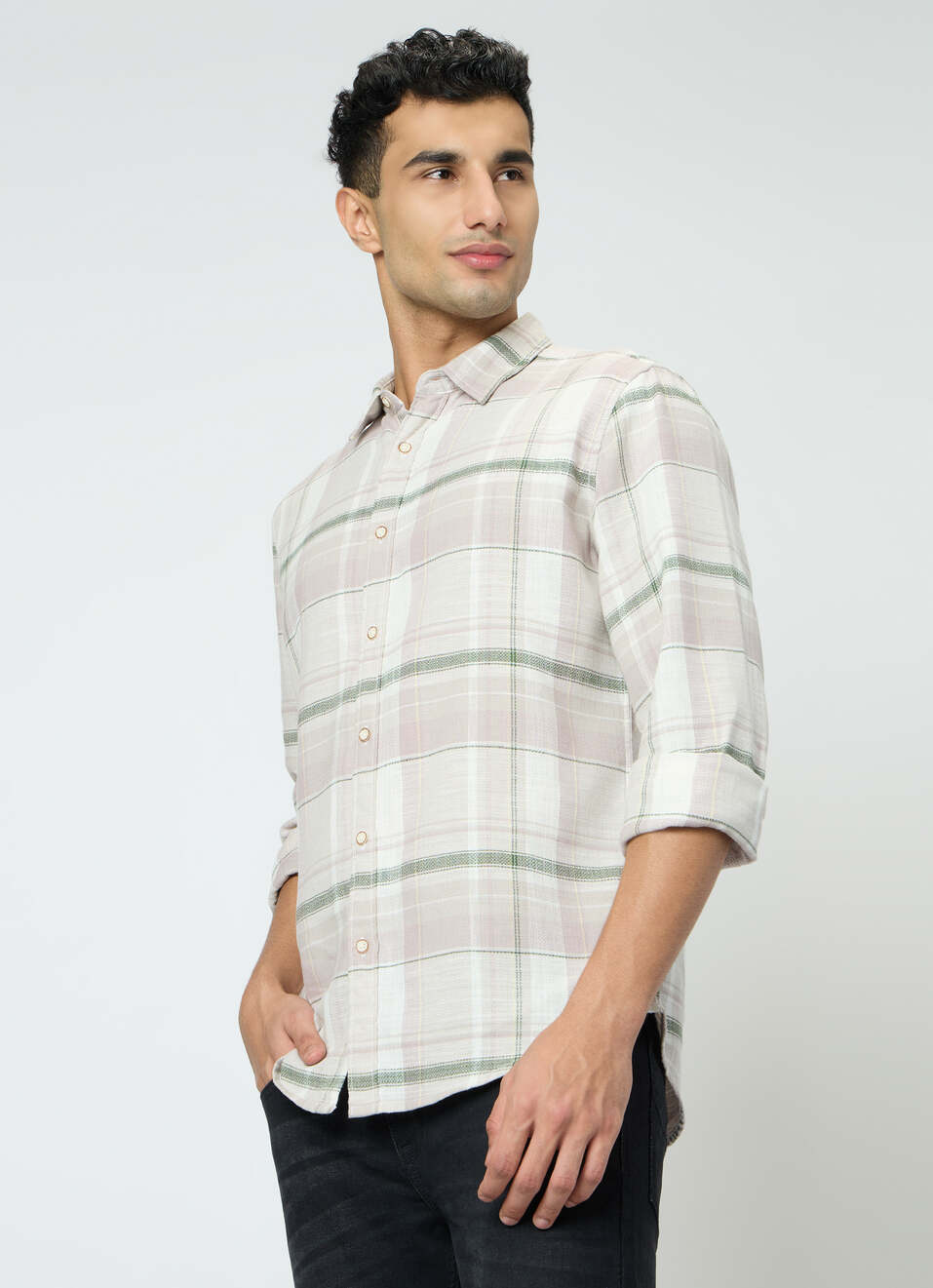Men Olive Green Checked Shirt, , large image number 3