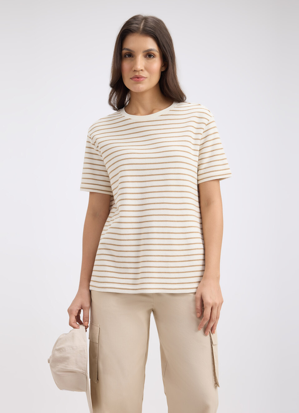 Women Beige Stripe Short Sleeve T-shirt, , large image number 0