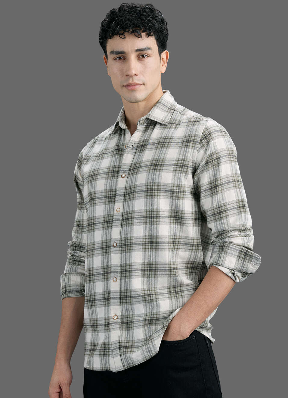Men Olive Green Checked Brushed Twill Long Sleeve Shirt, , large image number 7