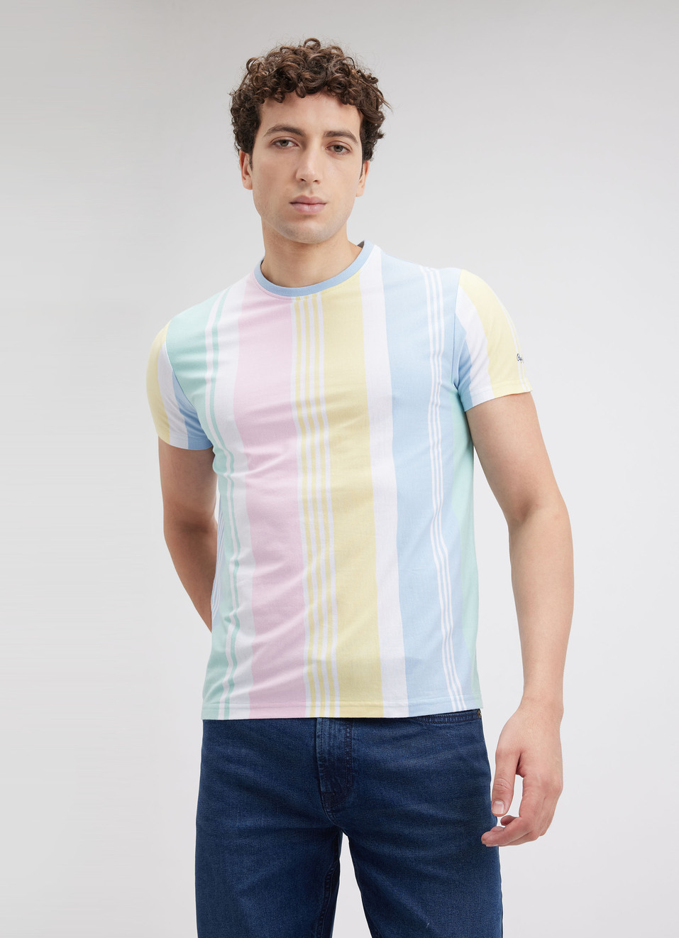 Men Blue Colour Stripe Short Sleeve T-shirt, , large image number 0