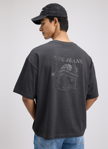Men Grey Back Print Short Sleeve Oversized T-shirt