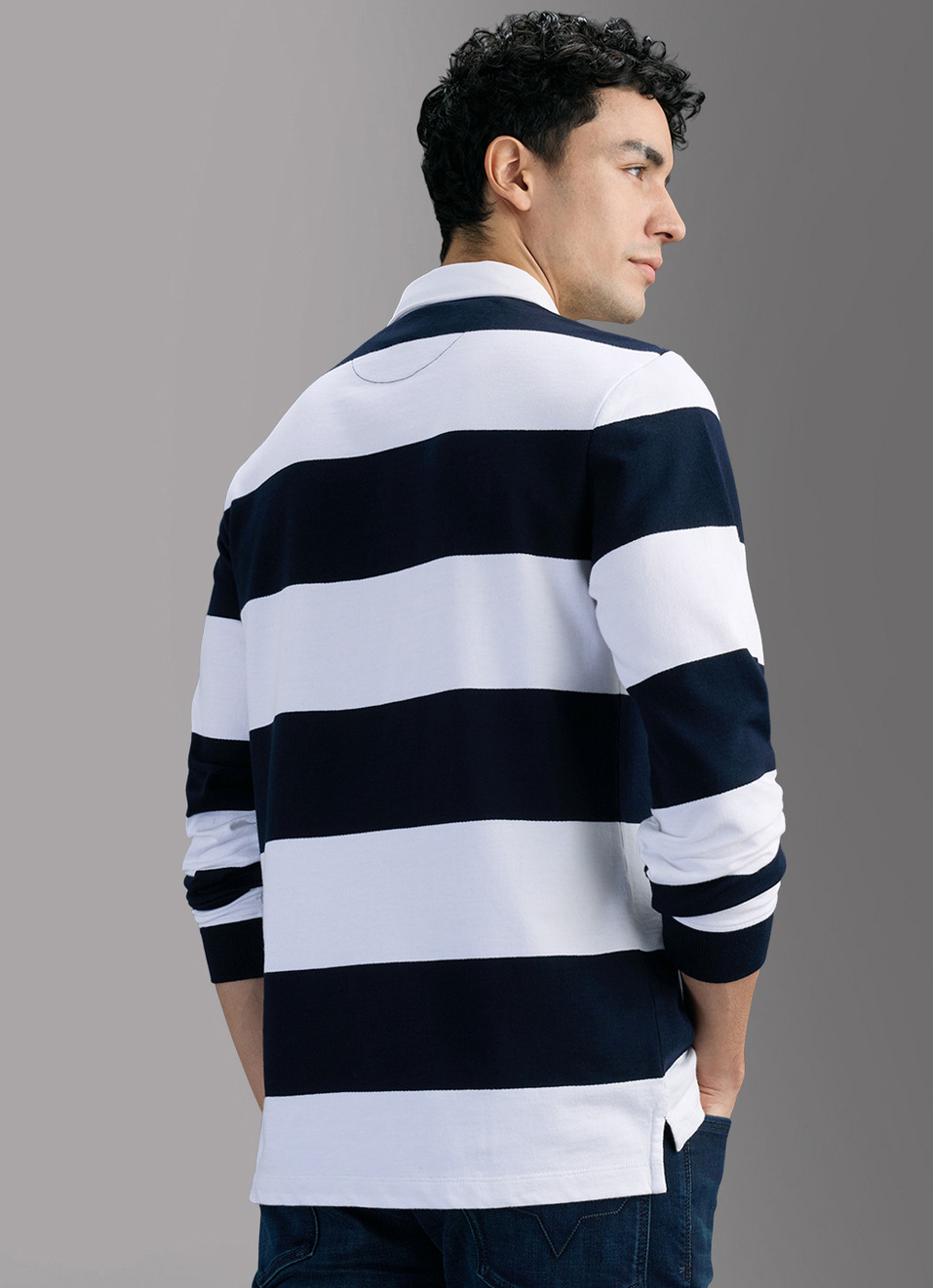 Men Navy Rugby Striped Polo T-shirt, , large image number 6