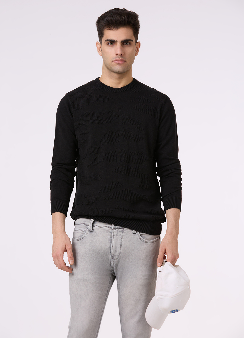 Men Black Self Structure Full Sleeve Flat Knit Sweater, , large image number 0