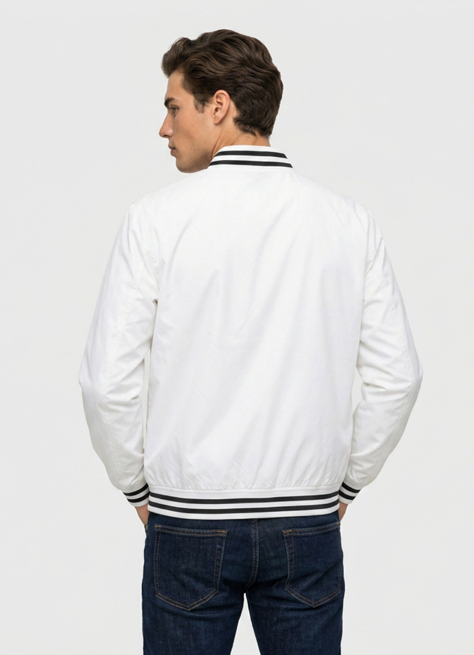 Men White Solid Baseball Collar Long Sleeve Jacket, , large image number 2