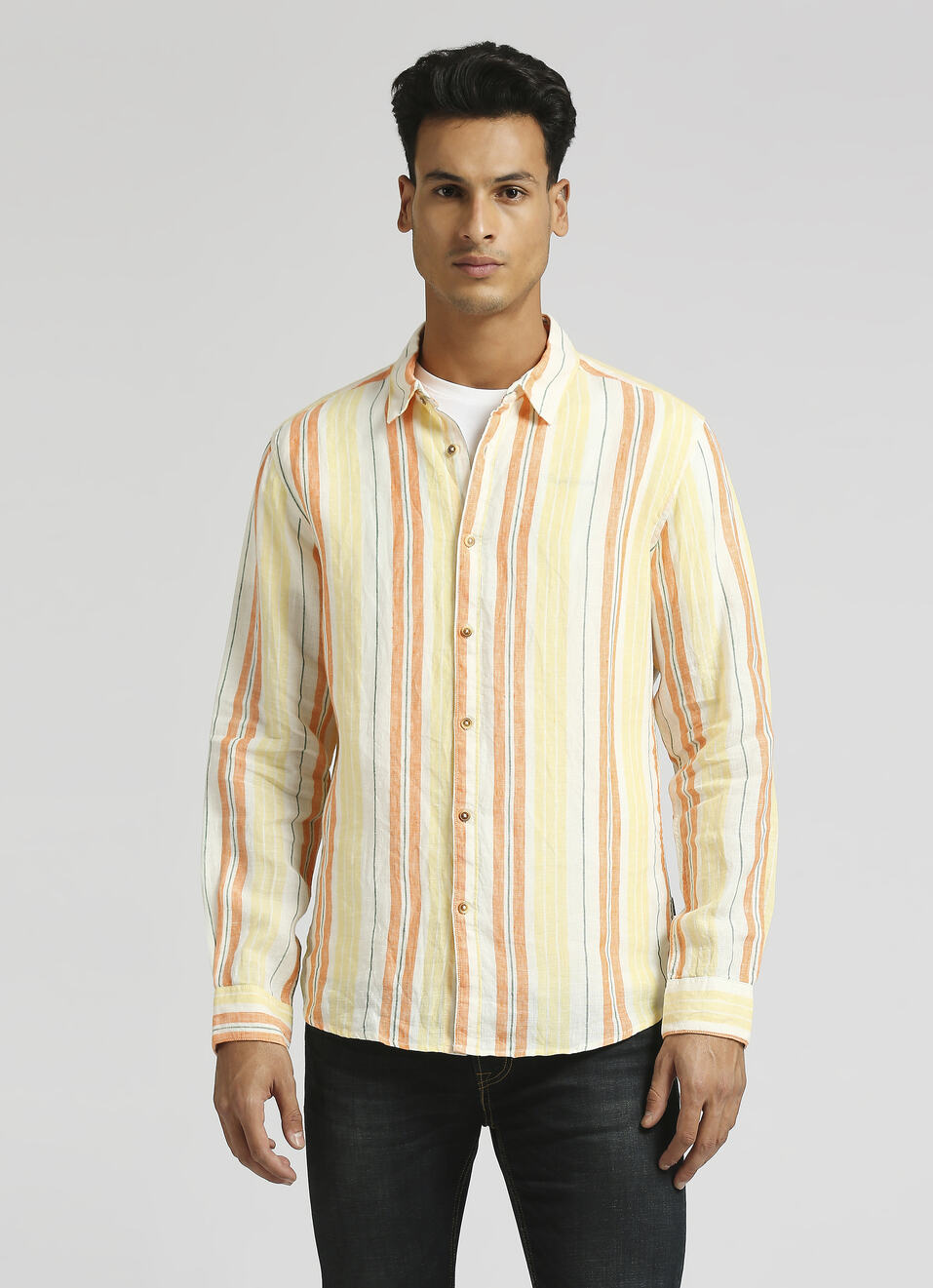 Yellow Stripes Pure Linen Summer Long Sleeve Shirt , , large image number 1