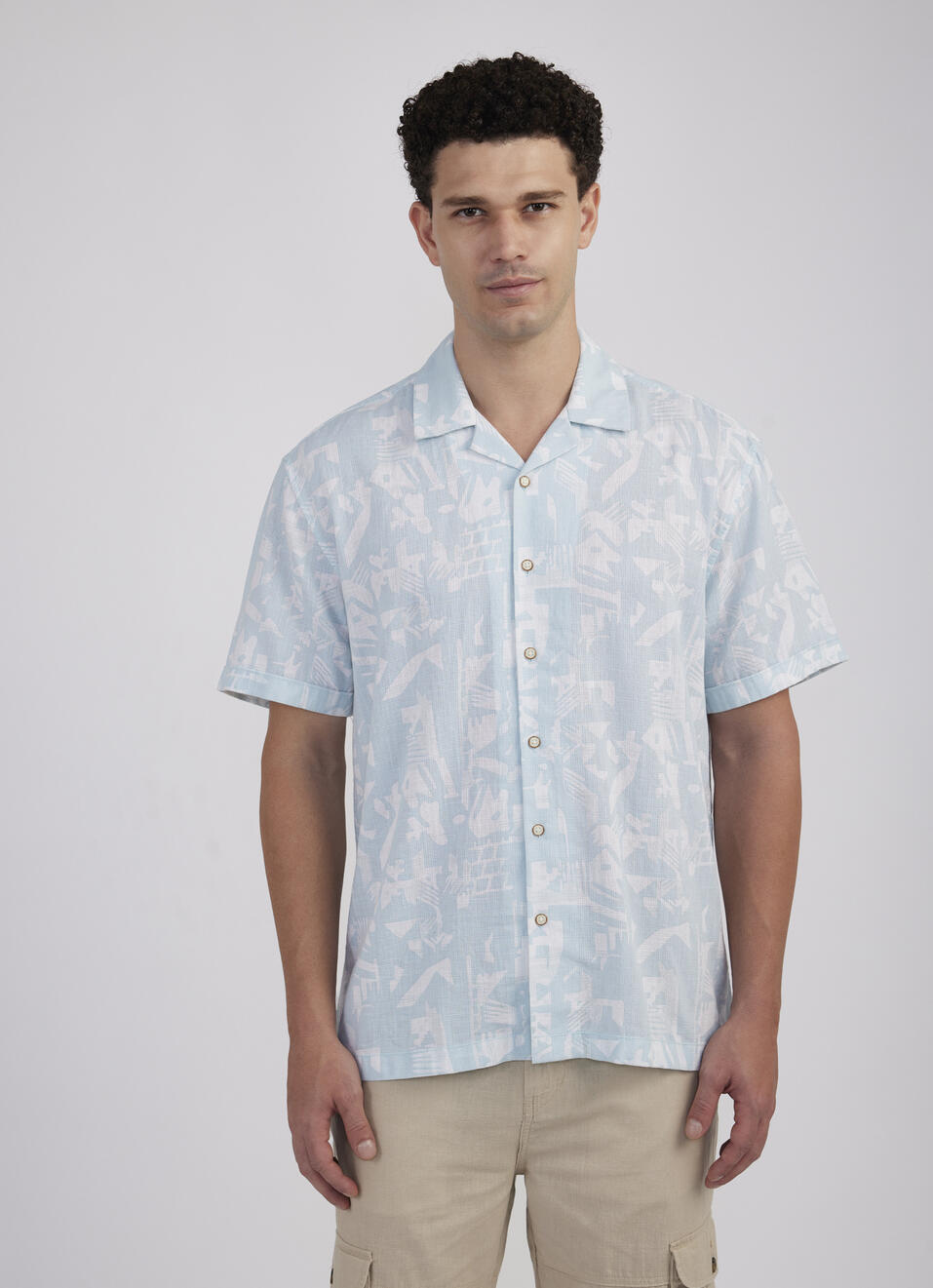 Men Blue Resort Collar Abstract Print Short Sleeve Shirt, , large image number 1