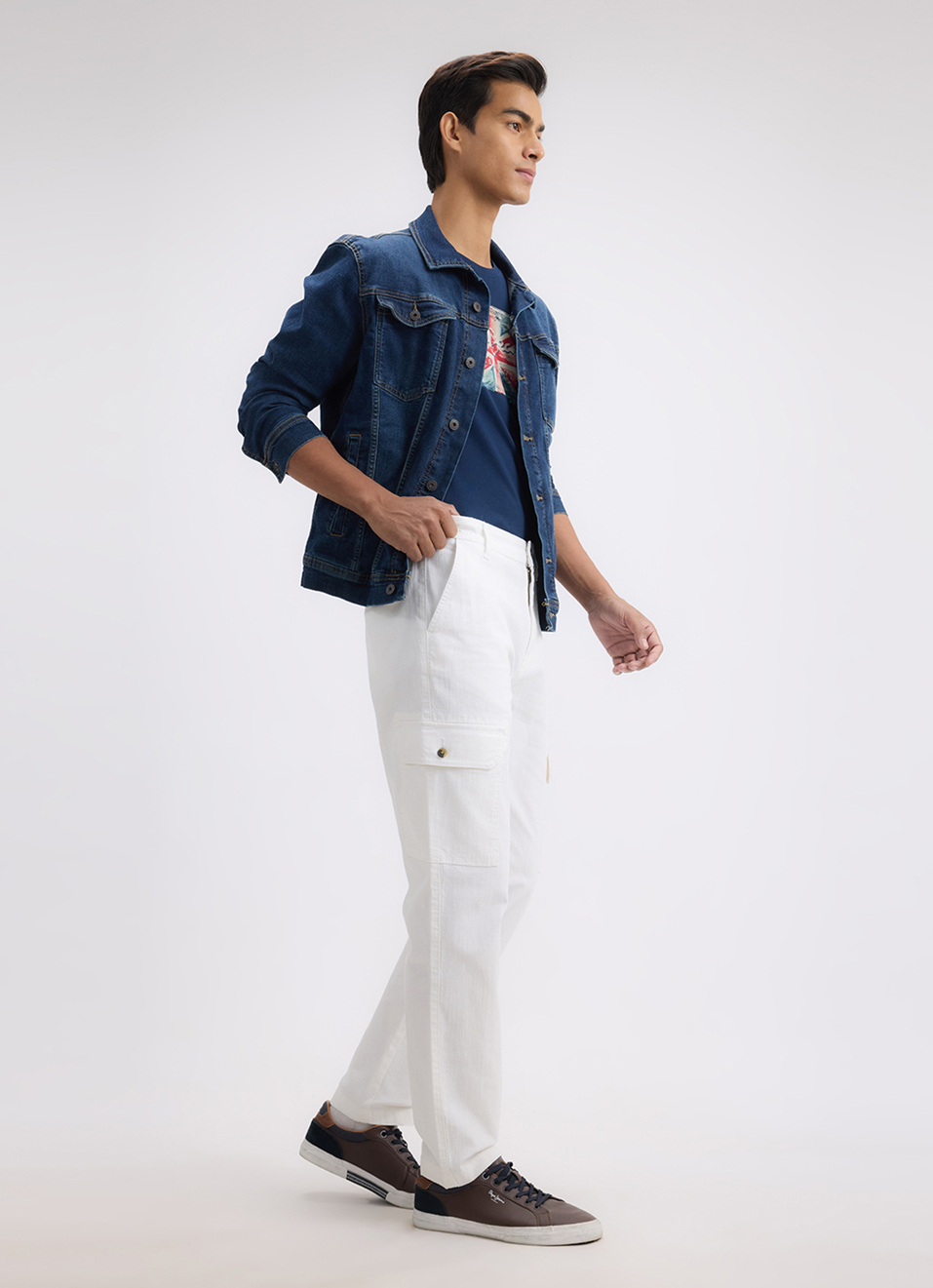 Men White Mid Rise Overdyed Stretch Cargos, , large image number 1