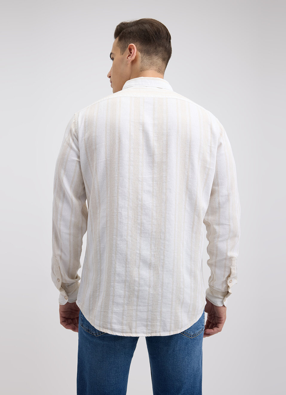 Men Beige Stripe Full Sleeve Shirt, , large image number 2