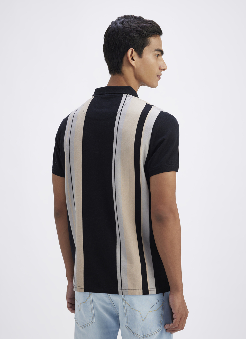 Men Black All Over Stripe Short Sleeve Polo, , large image number 2