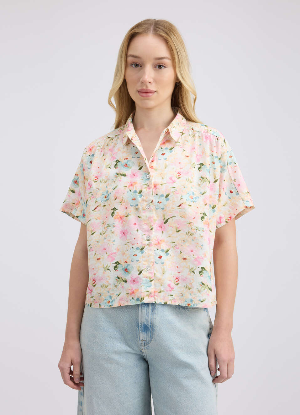 Women Beige Floral Print Short Sleeve Shirt, , large image number 1